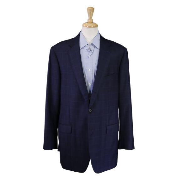 Andrew Lock Bespoke Tailored Navy Blue Windowpane Wool Fleece 2Btn Sportcoat 48L - Picture 1 of 11